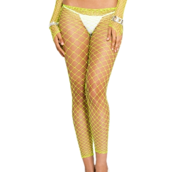 Sexy Neon Green Long Sleeve Big Diamond Net Cami And Capri Pant Set - Picture 6 of 10